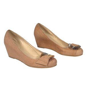 Stuart Weitzman Sz 7 Tan Leather Bucalina Tortoiseshell Buckle Round Toe‎ Wedges
